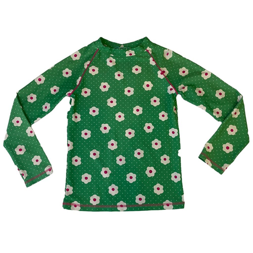 MINI BODEN GREEN PINK FLORAL POLKA DOTS RASH GUARD SWIM SHIRT TOP SIZE 9-10 Y